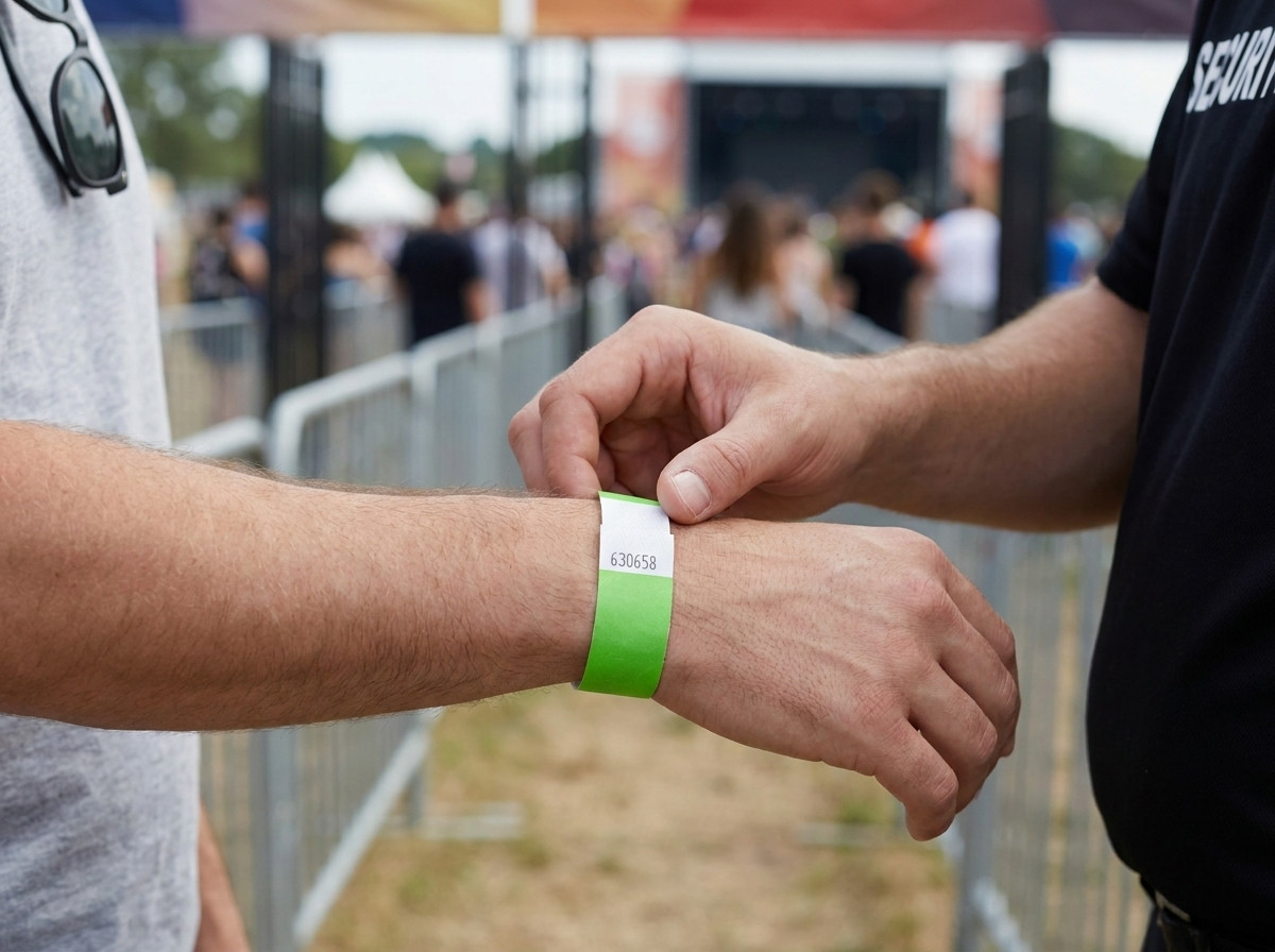 Sikkerhedspersonale der kontrollerer en festivaldeltagers sikkerhedsarmbånd ved indgangen til et arrangement