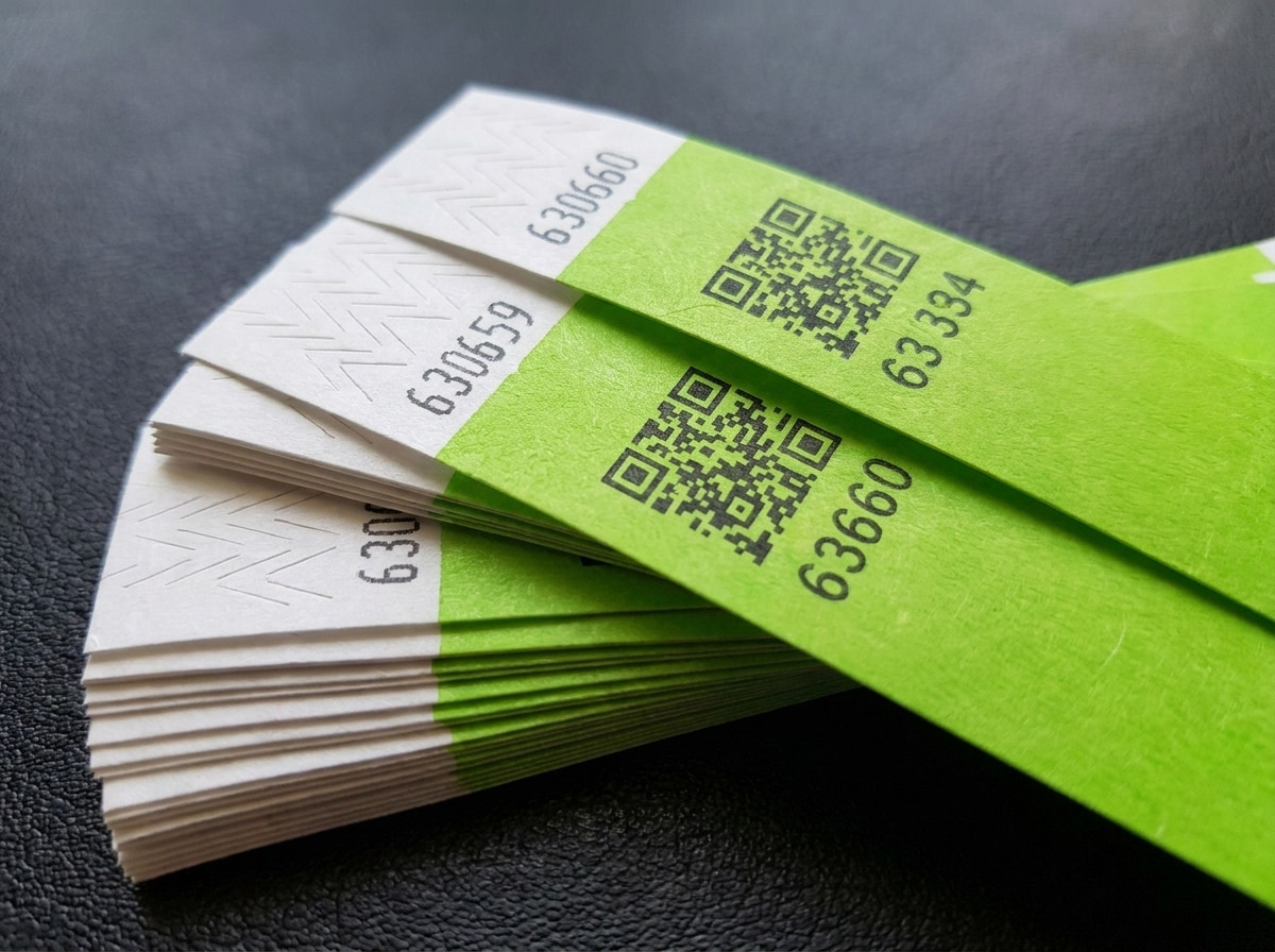 Stak af personaliserede Tyvek-armbånd med QR-kode og sekventiel nummerering, sikkerhedslukning synlig