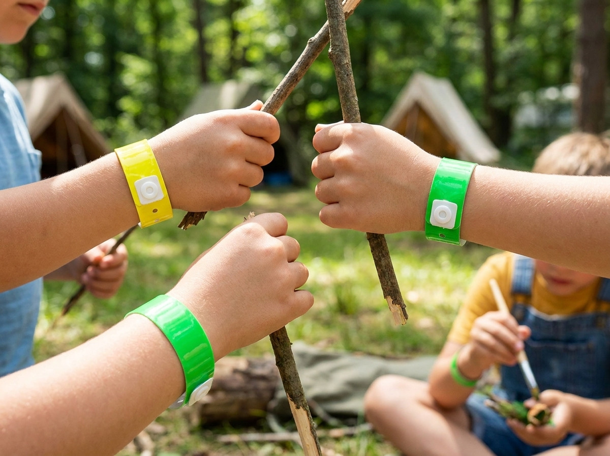 Farverige Tyvek-armbånd til camping mini-club, båret af børn under en udendørs aktivitet