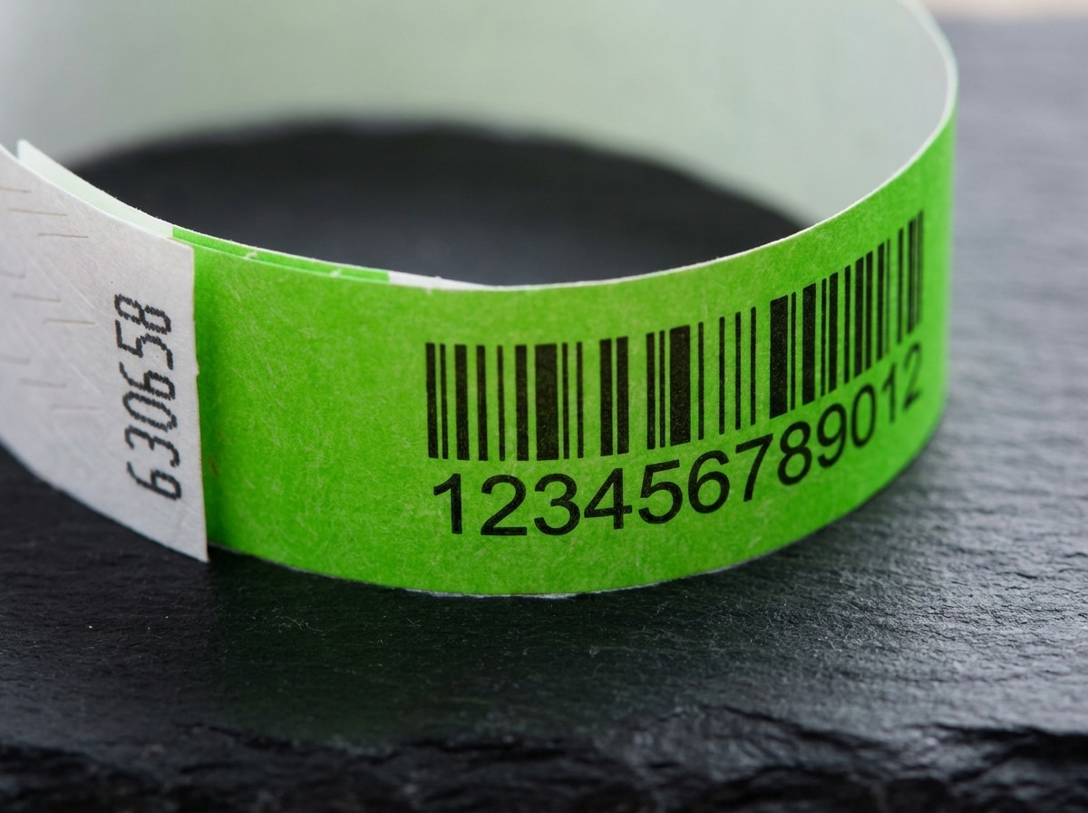 Nærbillede af et Tyvek-armbånd trykt med en Code 128-stregkode og et sekventielt nummer, placeret på en mørk overflade