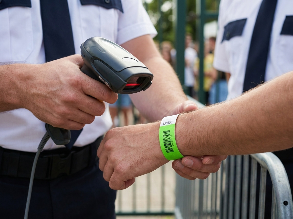 Sikkerhedsvagt der scanner stregkoden på et Tyvek-armbånd ved adgangskontrollen til en udendørs festival, med laserscanner i hånden