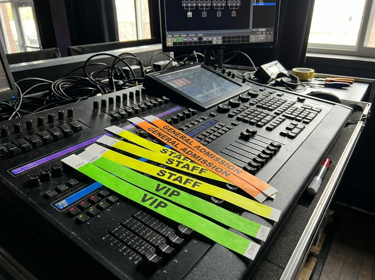 Personlige koncert-armbånd i Tyvek i forskellige farver til VIP, personale og publikum, placeret på et lysregiebord backstage
