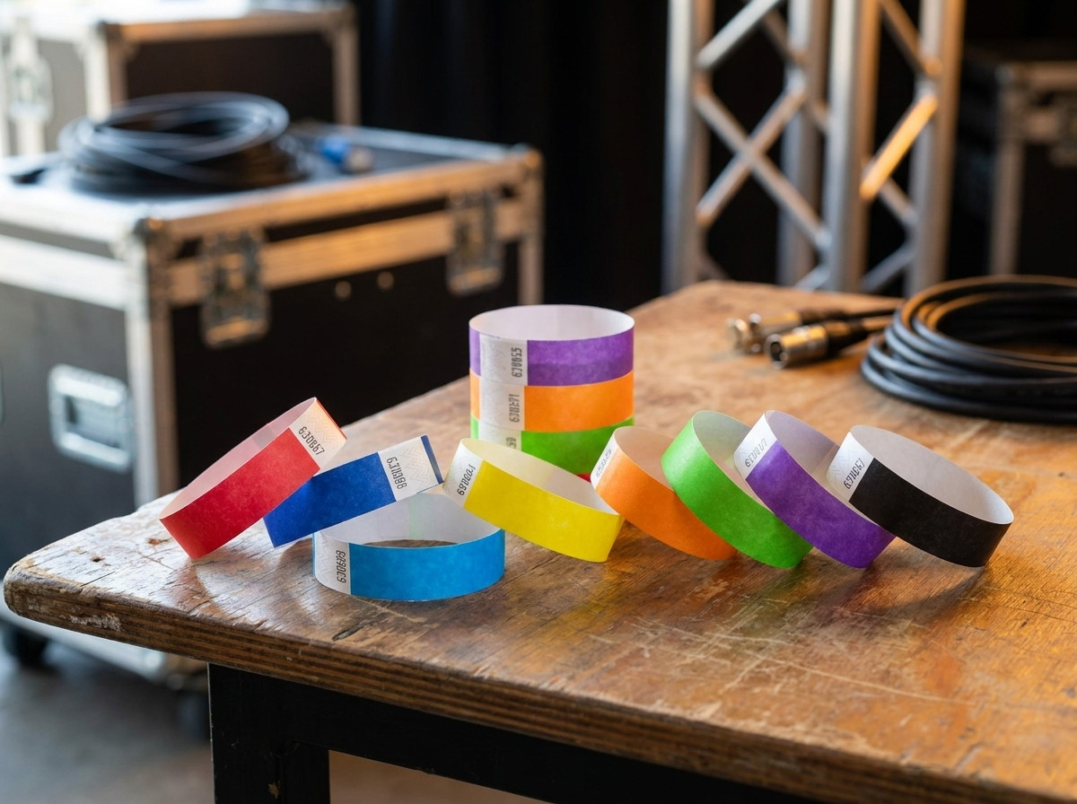 Sortiment af backstage koncert-armbånd i flere farver arrangeret på et sceneproduktionstbord