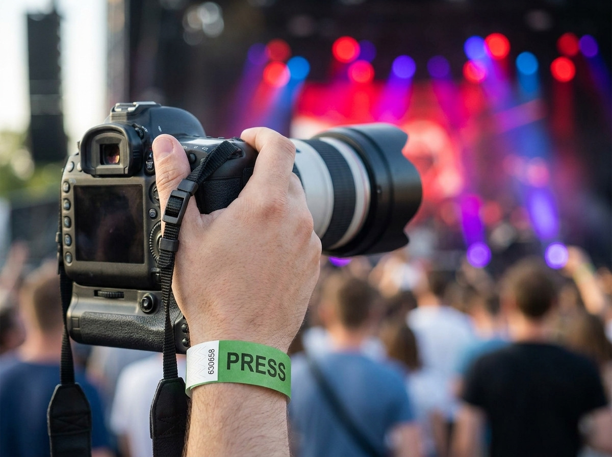 Fotograf i fotograven med et personligt presse-armbånd under en koncert