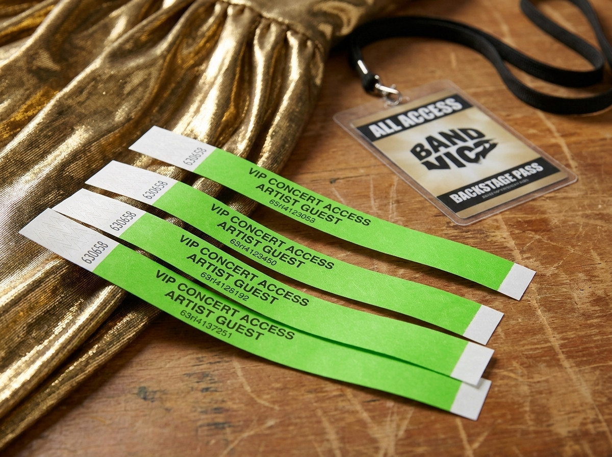 Personlige VIP-armbånd til koncert, placeret på et backstage-bord med guldlame og artistbadge