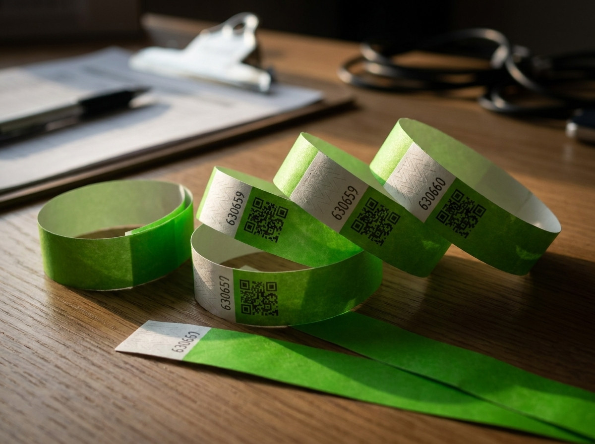 Personlige Tyvek-adgangskontrol-armbånd med QR-koder og sekventiel nummerering, placeret på et eventregiebord