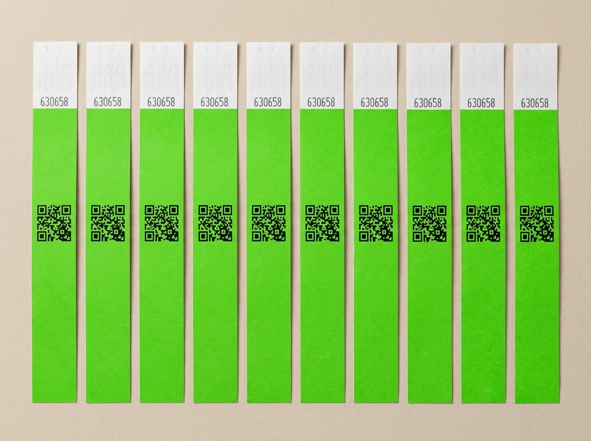 Nummererede anti-svigeidentifikationsarmbånd på række, der viser anti-overførselslukningen og QR-koden trykt i høj opløsning