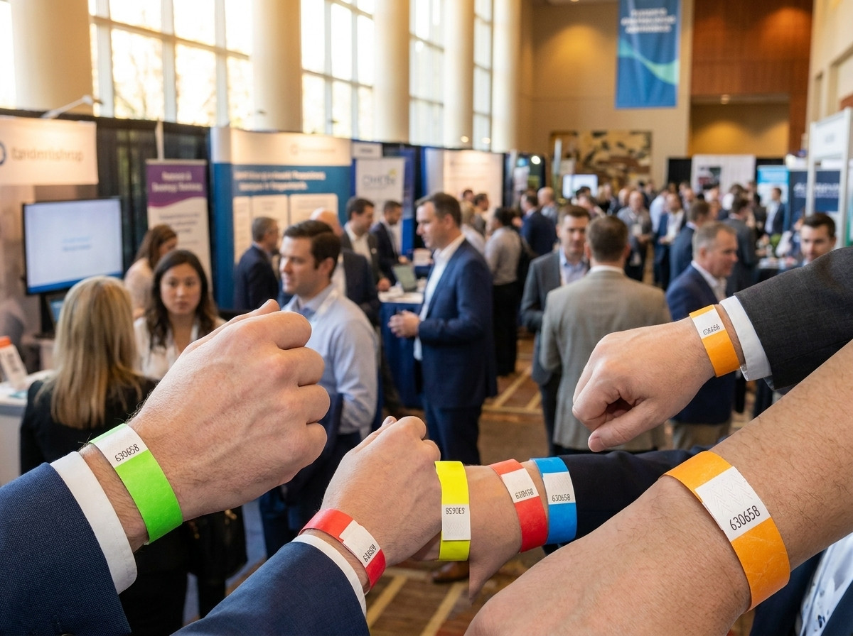 Farverige Tyvek-armbånd båret af professionelle ved indgangen til en B2B-messe med synlig stregkode og anti-overførselslukning