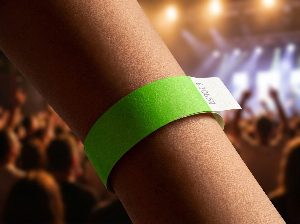 Nærbillede af et personligt armbånd på håndleddet af en maratonløber med startnummer og eventlogo i HD-tryk