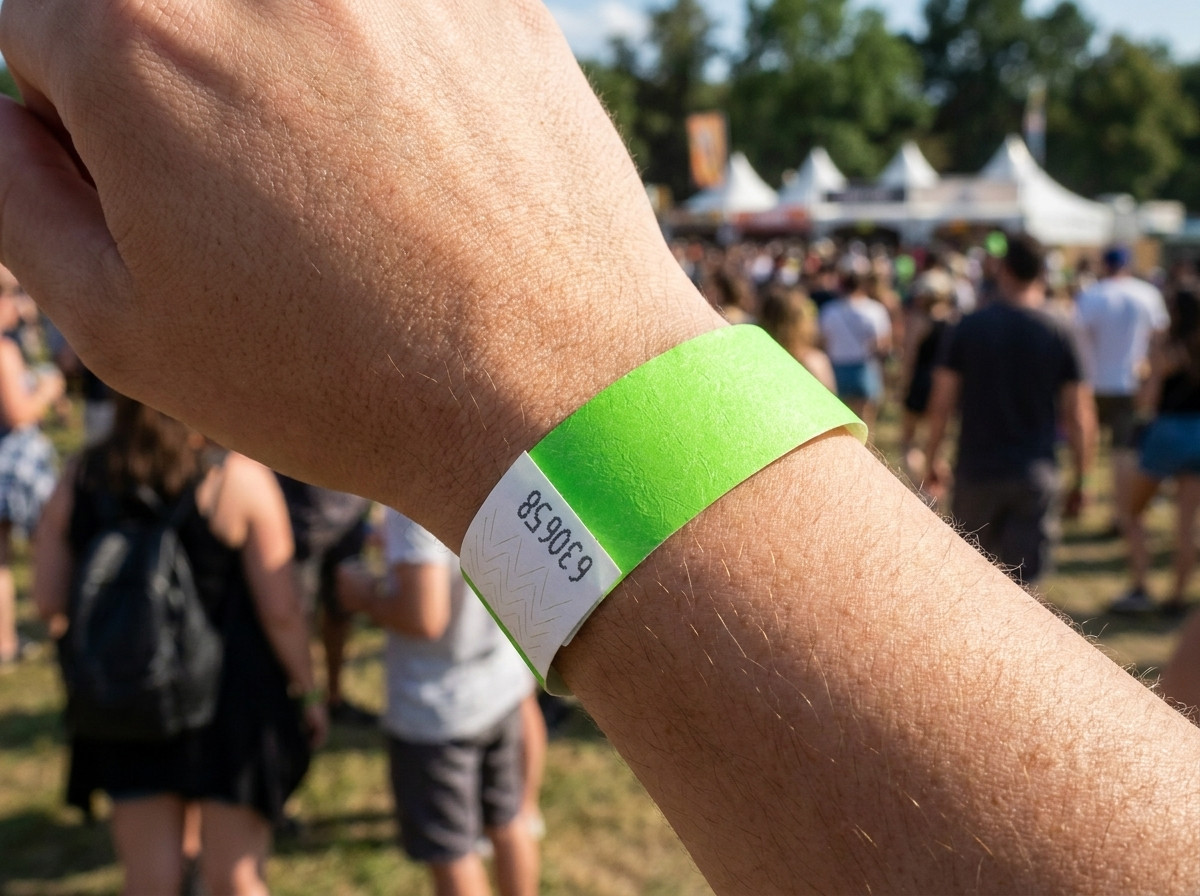 PVC-vinylarmbånd med højtopløseligt fototryk, båret på håndleddet ved en udendørs festival