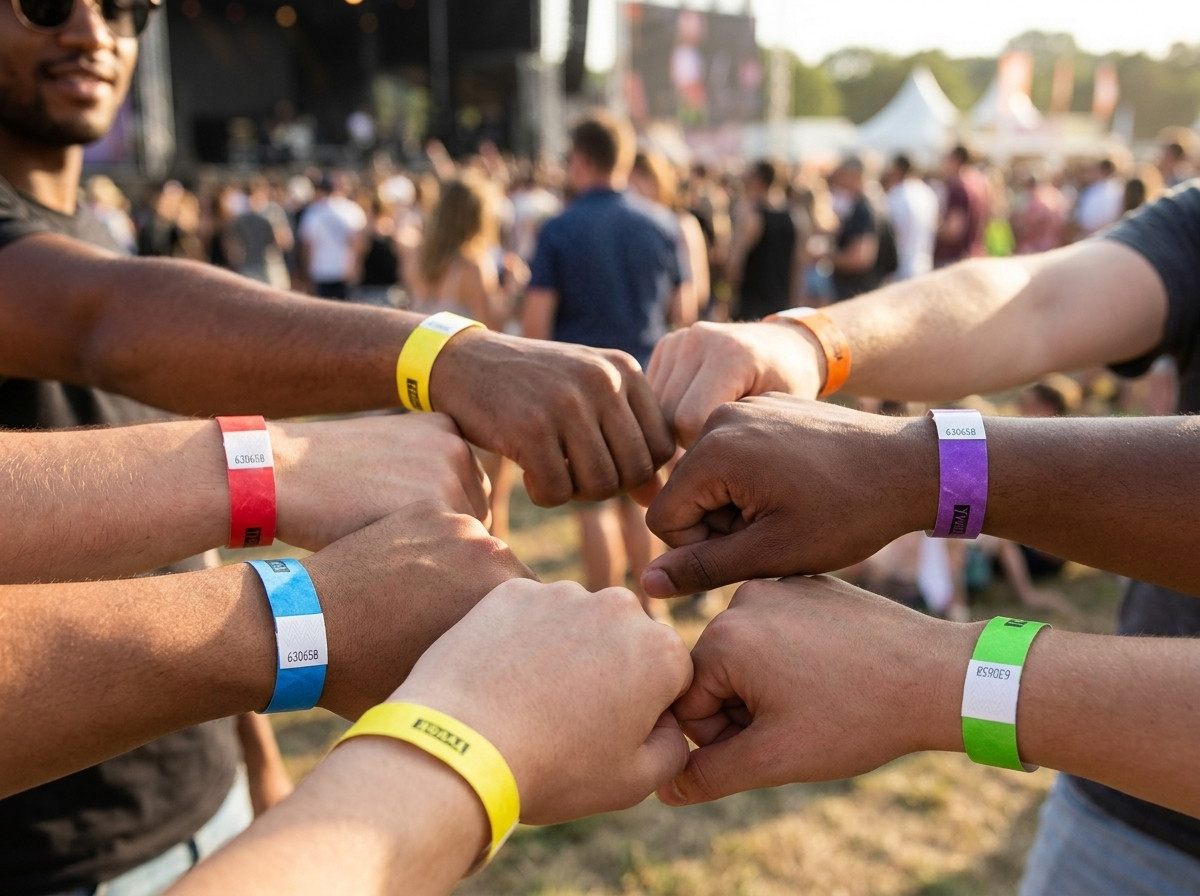 Flerfarvet Tyvek-armbånd til identifikation af besøgskategorier ved en udendørs festival