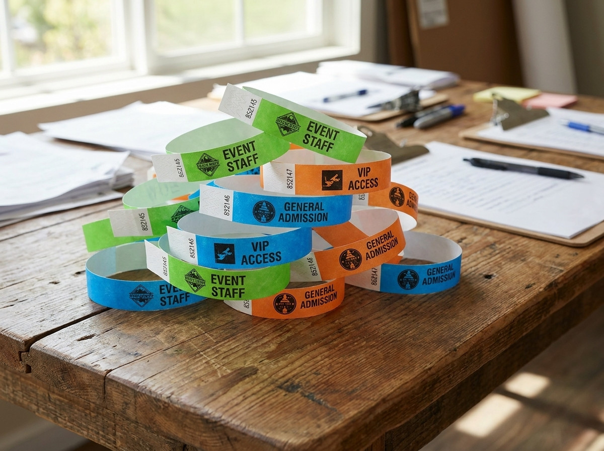 Personaliserede Tyvek-bånd med logo og nummerering forberedt til en festival eller virksomhedsseminar