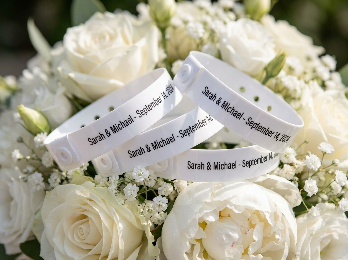 Personlige hvide ceremoniarmbånd til bryllup med brudeparrets fornavne og dato trykt i guldfarve, placeret på en buket hvide blomster