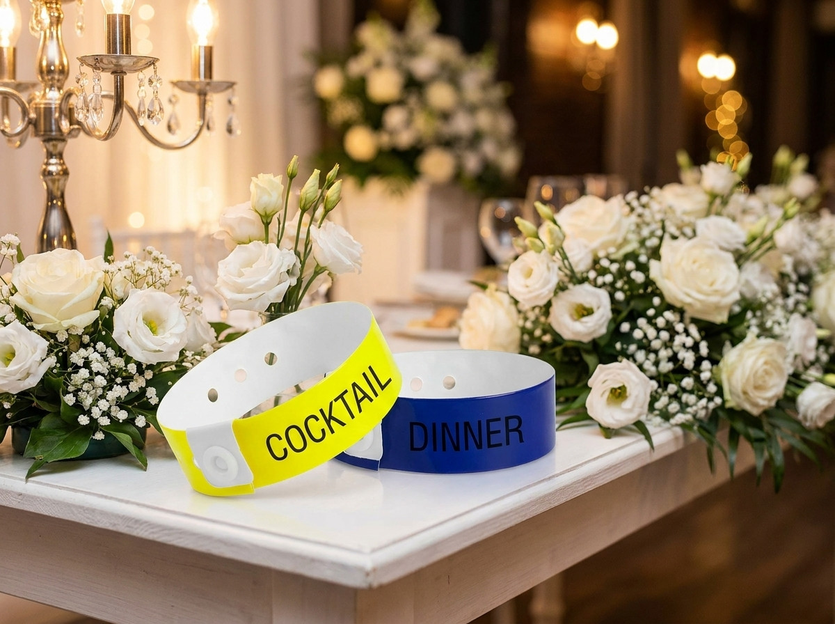 To typer bryllupsarmbånd placeret side om side på et receptionsbord dekoreret med hvide blomster, der illustrerer skelnen mellem cocktail og middag