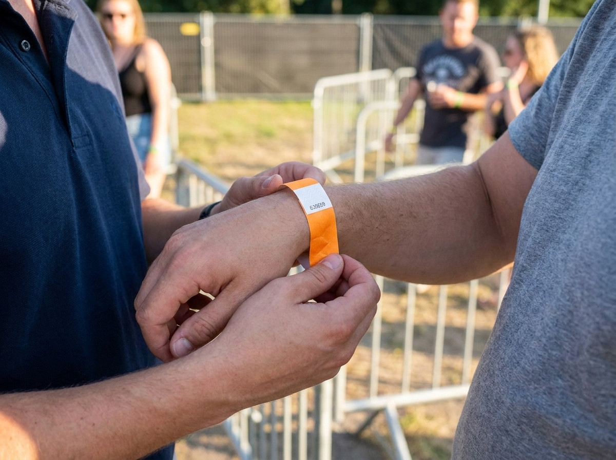 Festivalpersonale der sætter et nummereret identifikationsarmbånd på en deltagers håndled ved indgangen