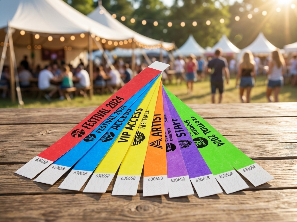 Farvede personaliserede Tyvek-bånd med logo og tekst til en festival