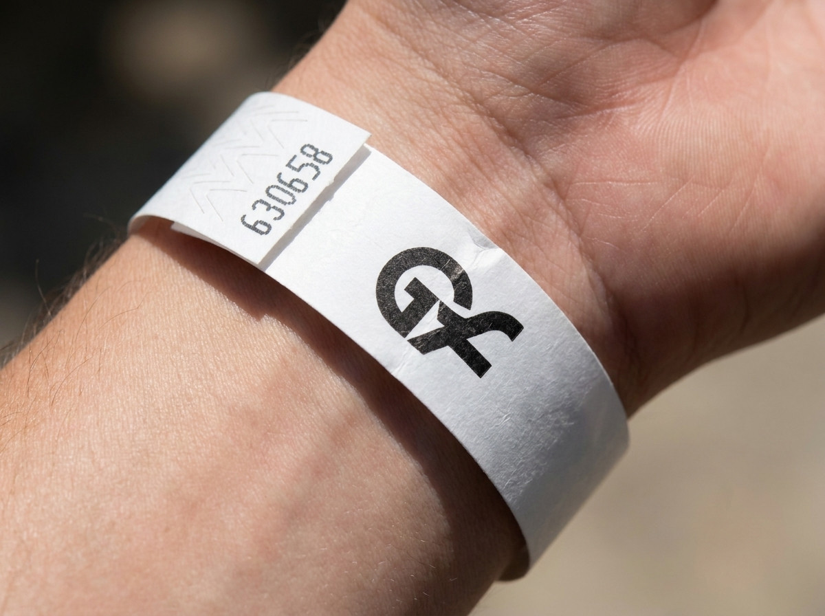 Nærbillede af et hvidt papirarmband med et farvetrykt logo, lukket om et håndled