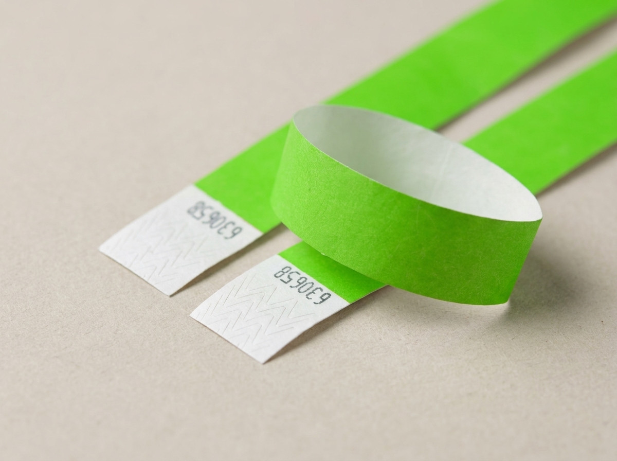 Sammenligning side om side af et krøllet papirarmband efter en dags brug og et Tyvek-armbånd stadig intakt