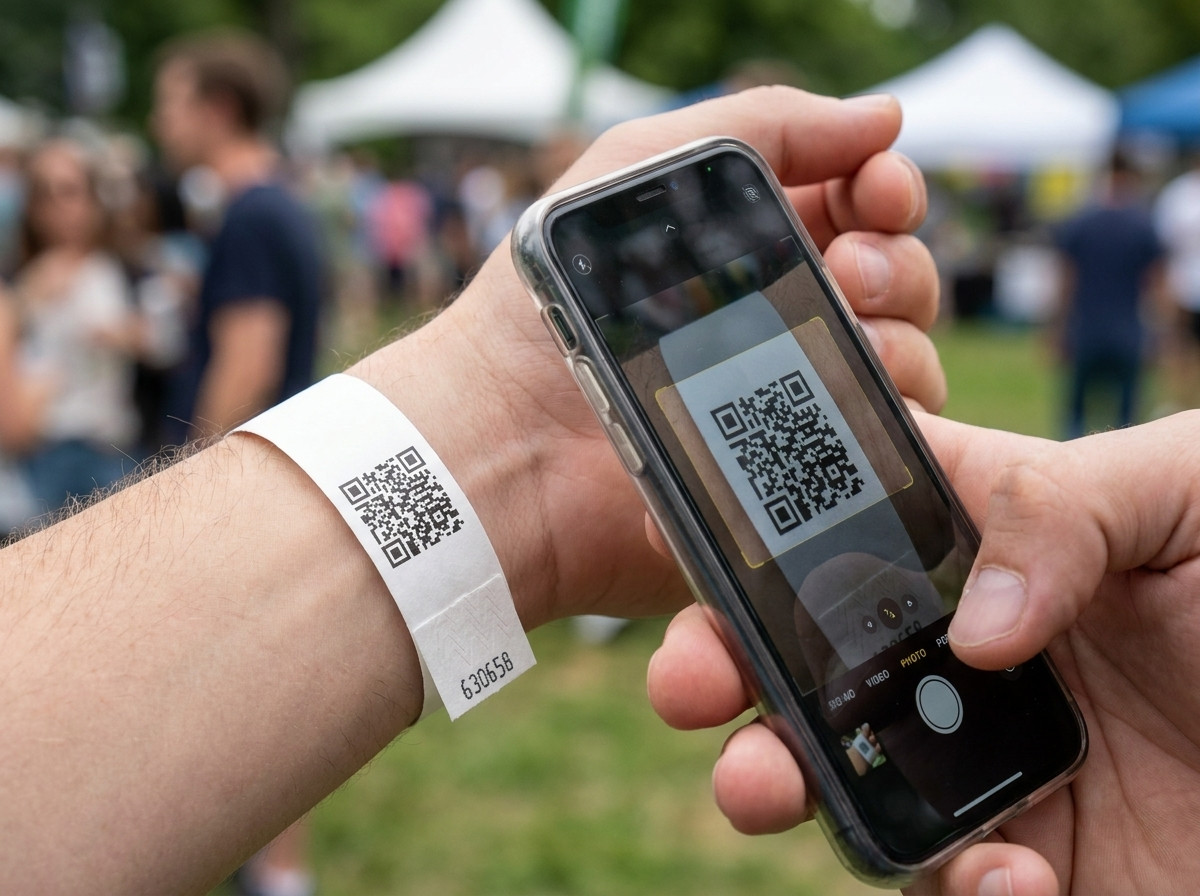Nærbillede af et hvidt Tyvek-armbånd med en sort QR-kode, scannet af en smartphone ved adgangskontrol til en festivalindgang
