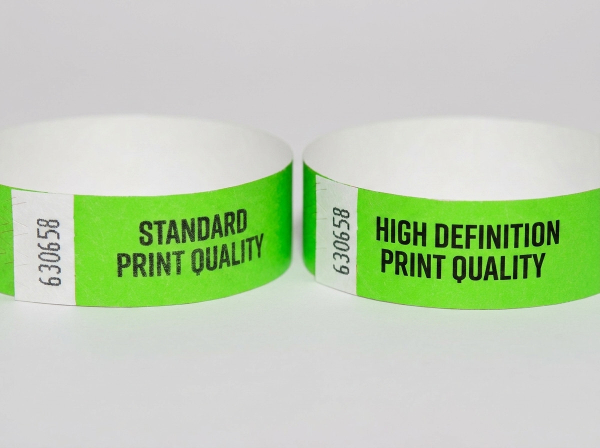 Sammenligning side om side af et Tyvek-armbånd og et identifikationsarmbånd, hvert med en højtopløselig QR-kode med farverigt eventdesign
