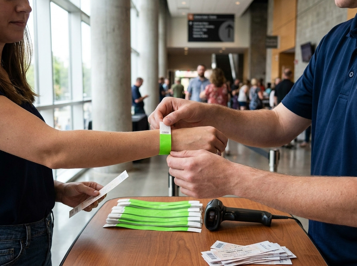 Adgangskontrolbord ved en festival med Tyvek-armbånd med QR-kode stablet klar til uddeling og en medarbejder der scanner en deltagers håndled med en telefon