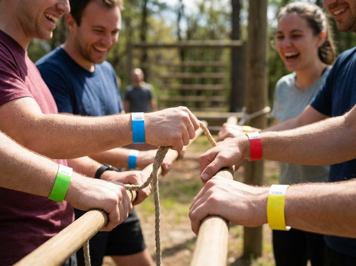 Farvede teambuilding-armbånd båret af deltagere ved en udendørs aktivitet hvor hver farve repræsenterer et forskelligt hold