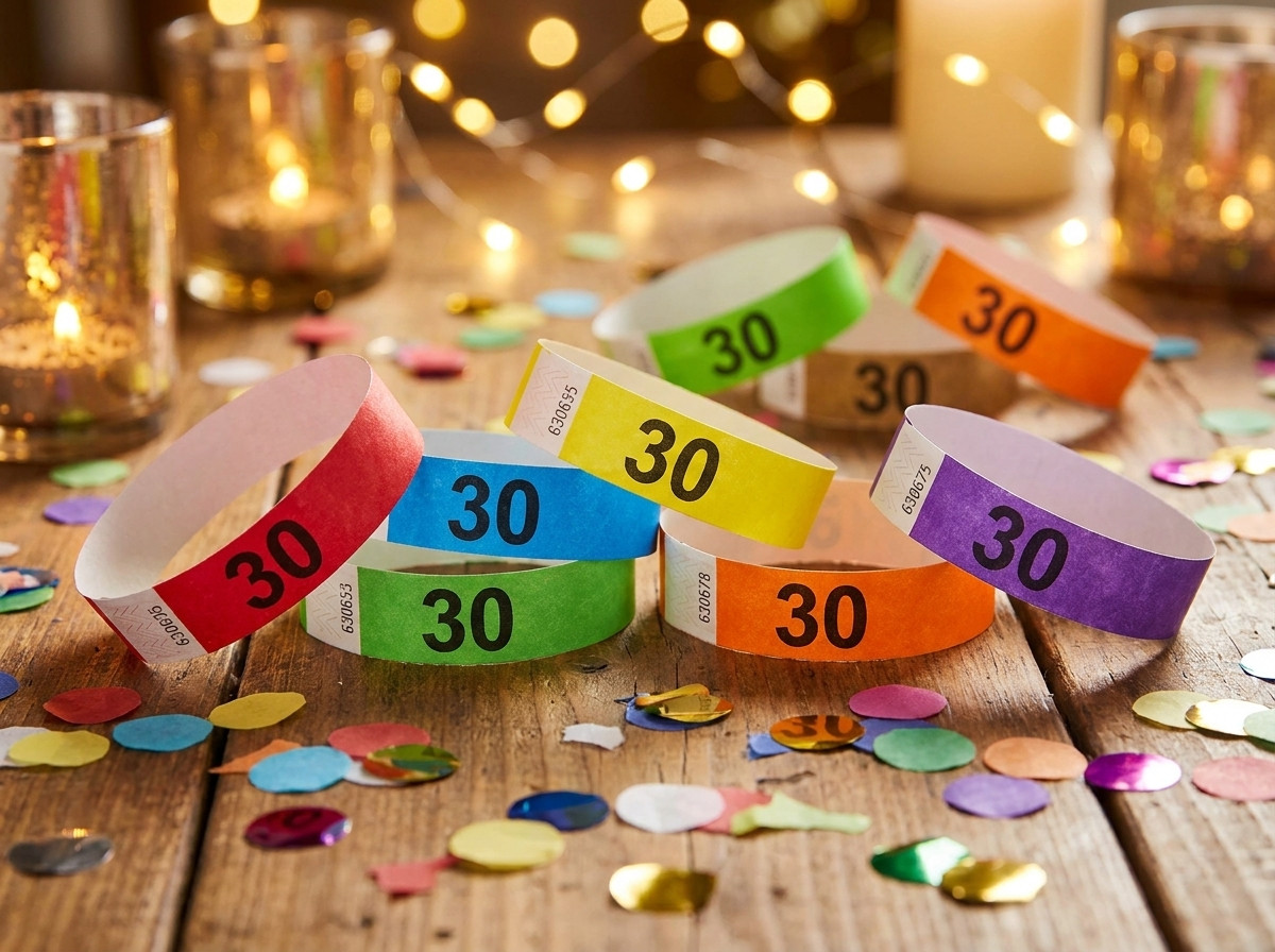 Farvede personaliserede Tyvek-armbånd med tallet 30 til en fødselsdagsfest lagt på et bord pyntet med konfetti