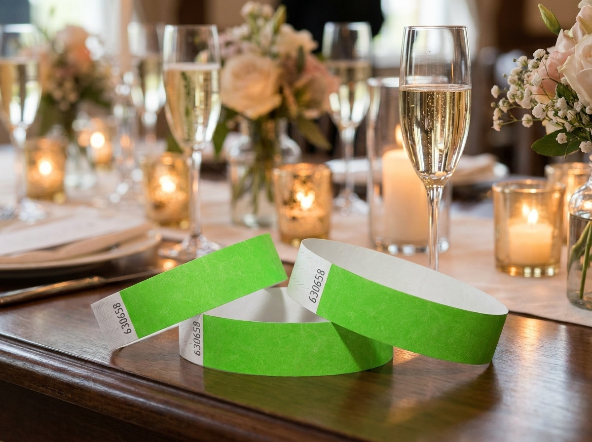 Personaliserede Tyvek-armbånd til en elegant privatfest lagt på et bord pyntet med champagneglas