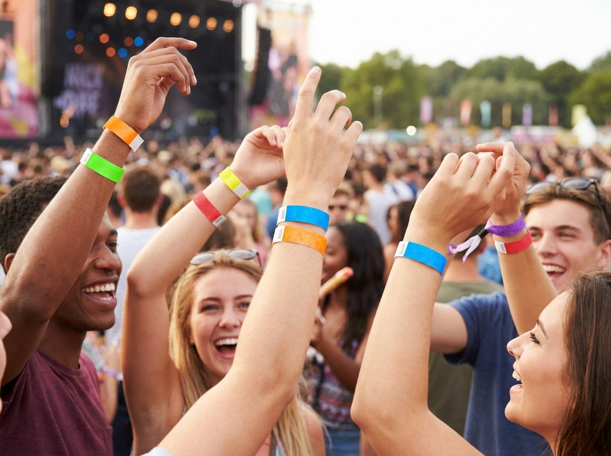 Farvede Tyvek-armbånd baaret af festivaldeltagere ved en udendors koncert, der illustrerer deres holdbarhed og komfort