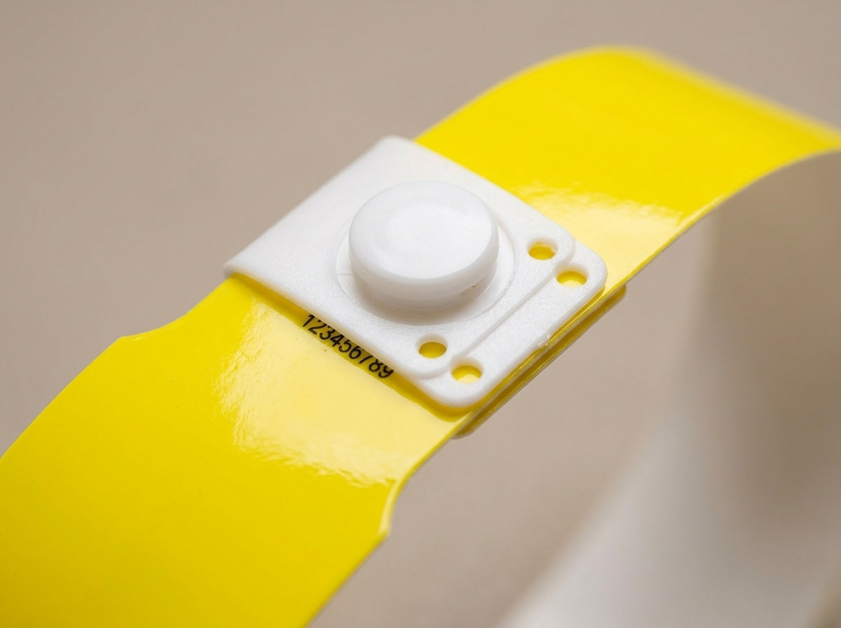 Nærbillede af et gult PVC-vinylarmbånd med plastiktrykknaplukning